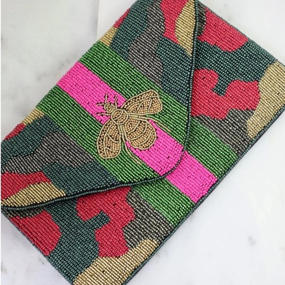 Bags Queen Bee Camo Beaded Clutchcrossbody With Pink And Green